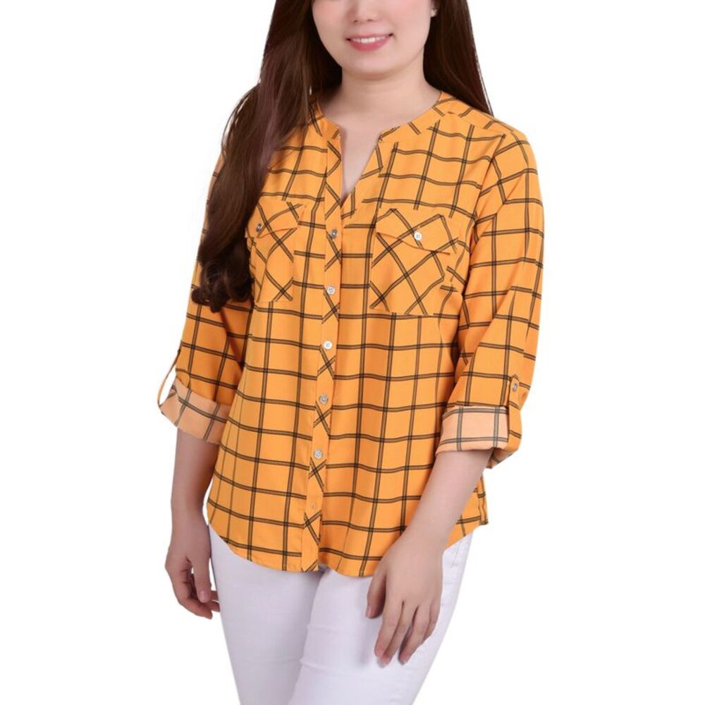 NY Collection Petite 3/4 Sleeve Roll Tab Y Neck Blouse